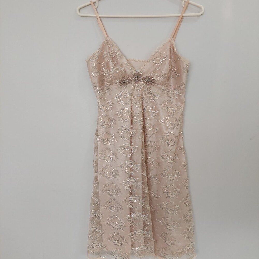 Vintage Guess Jeans Champagne Color Metallic Lace Cocktail Dress Women's M